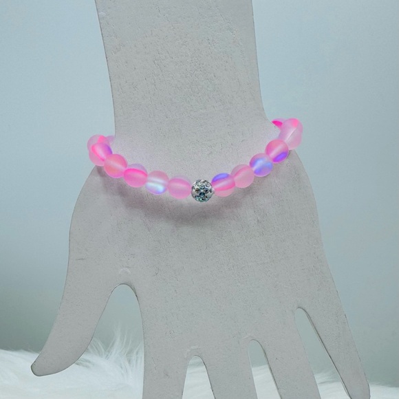 Chic Pink Matte Moonstone Beaded Bracelet w/ Rhinestone - Picture 1 of 6